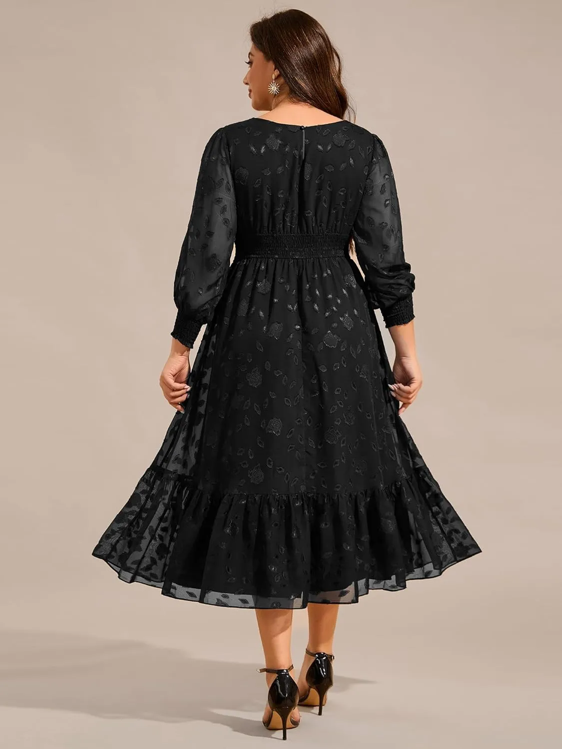 Ever-Pretty Women's Round Neck A Line Chiffon Long Sleeves Midi Length Plus Size Casual Dress for Wedding Guest 02279-DA