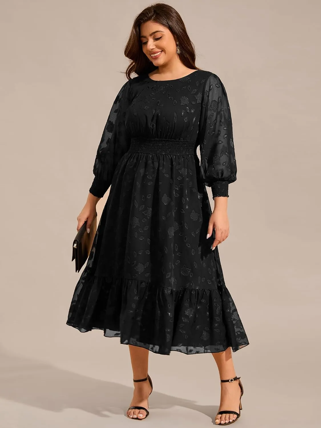 Ever-Pretty Women's Round Neck A Line Chiffon Long Sleeves Midi Length Plus Size Casual Dress for Wedding Guest 02279-DA