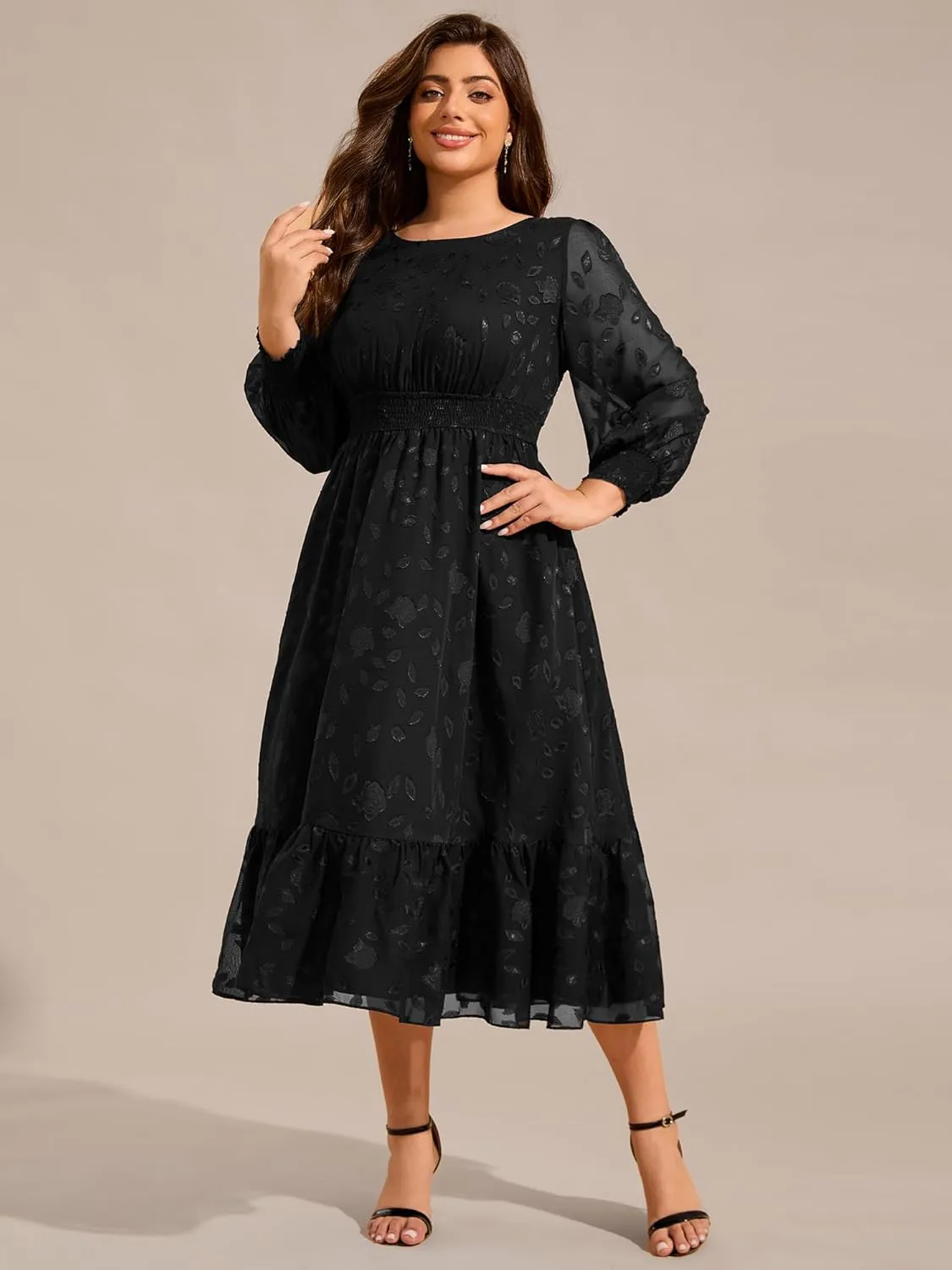 Ever-Pretty Women's Round Neck A Line Chiffon Long Sleeves Midi Length Plus Size Casual Dress for Wedding Guest 02279-DA