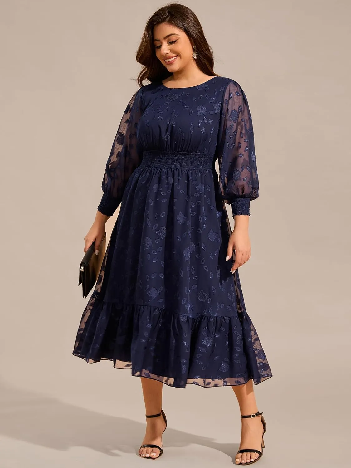 Ever-Pretty Women's Round Neck A Line Chiffon Long Sleeves Midi Length Plus Size Casual Dress for Wedding Guest 02279-DA
