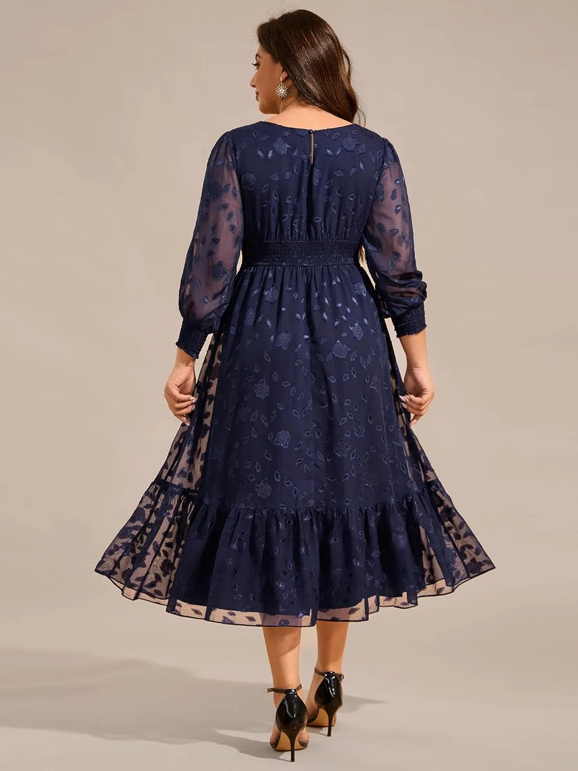 Ever-Pretty Women's Round Neck A Line Chiffon Long Sleeves Midi Length Plus Size Casual Dress for Wedding Guest 02279-DA