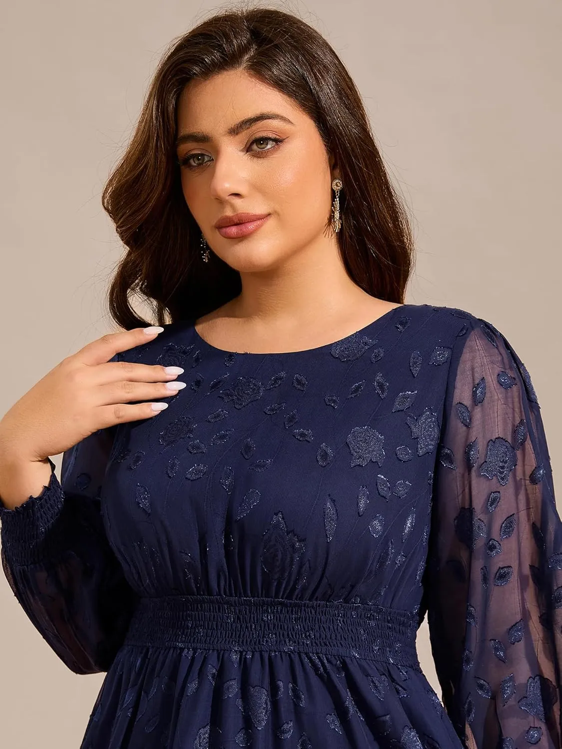 Ever-Pretty Women's Round Neck A Line Chiffon Long Sleeves Midi Length Plus Size Casual Dress for Wedding Guest 02279-DA