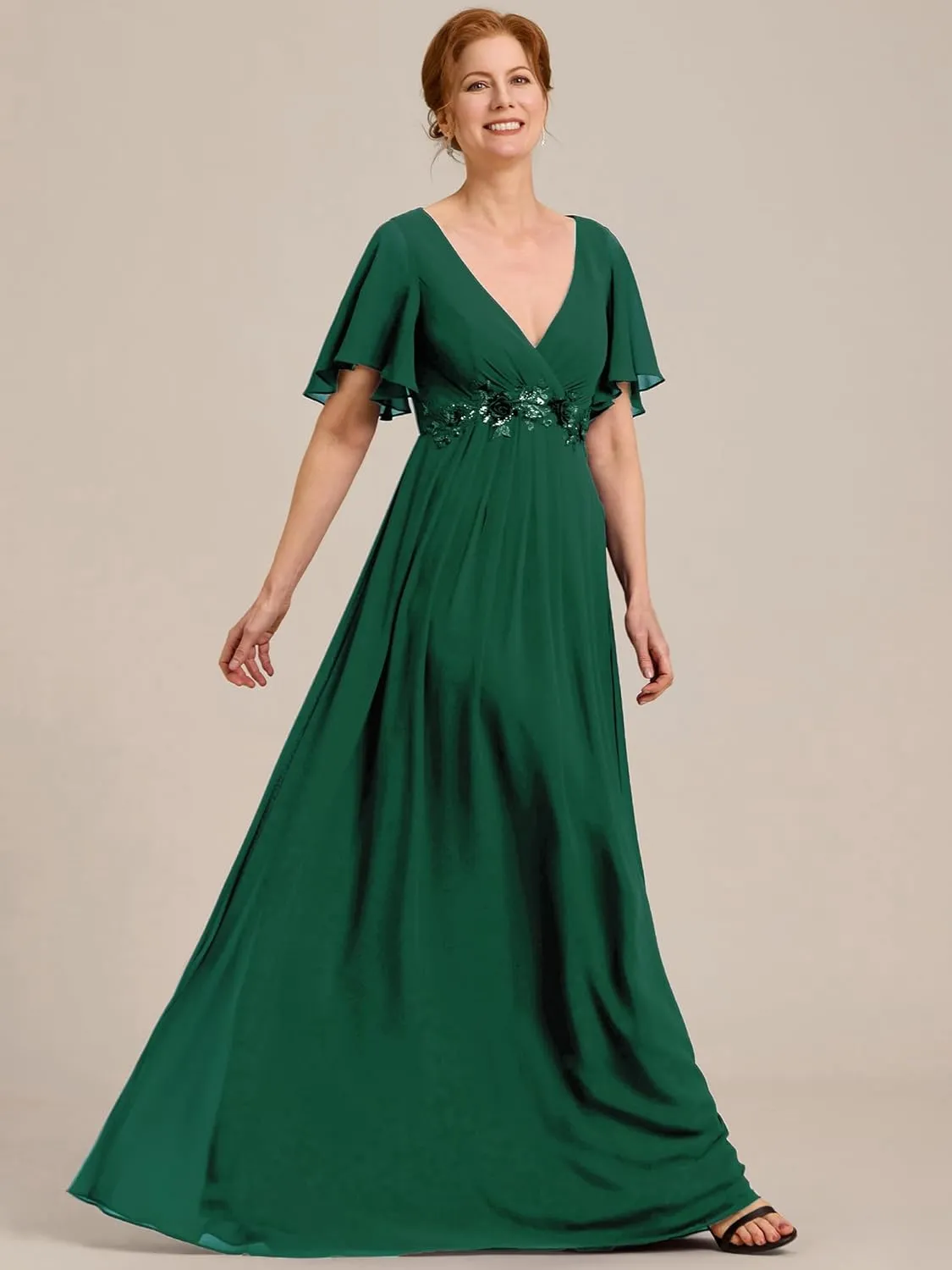 Ever-Pretty Women's V Neck Appliques Pleated Chiffon A Line Floor Length Mother of The Bride Dresses