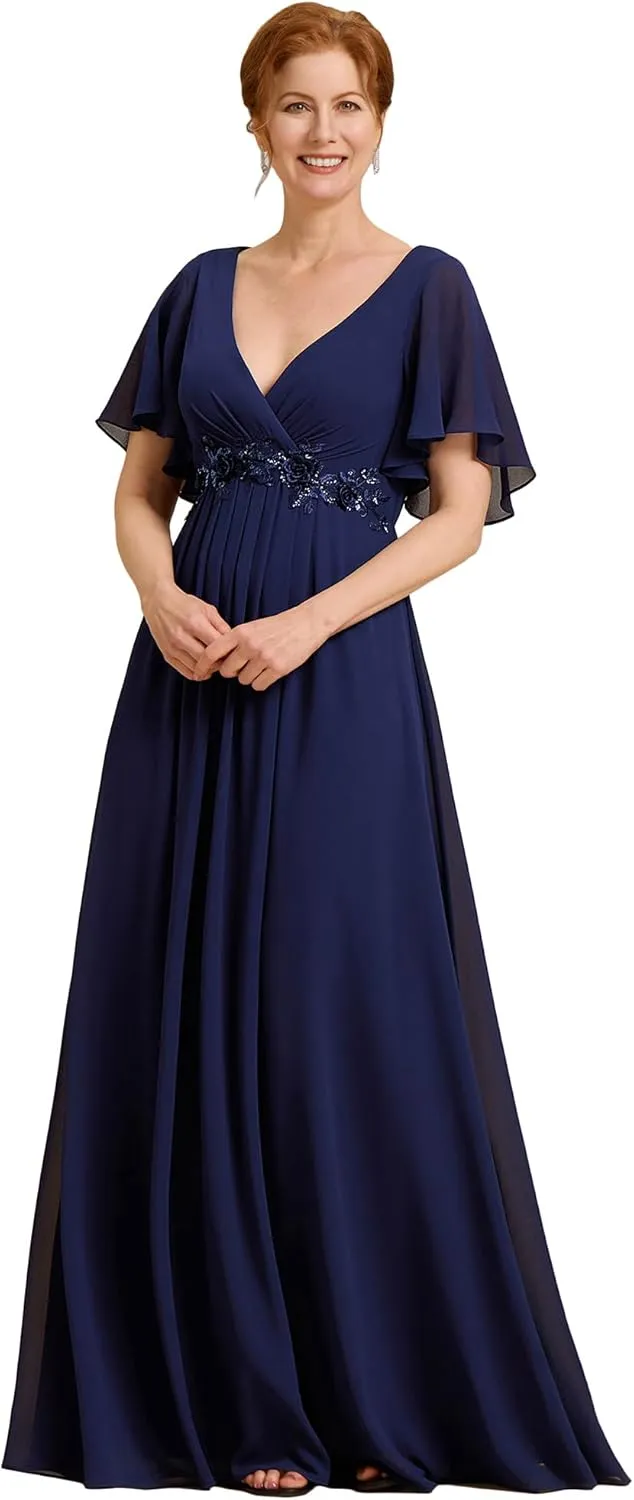 Ever-Pretty Women's V Neck Appliques Pleated Chiffon A Line Floor Length Mother of The Bride Dresses