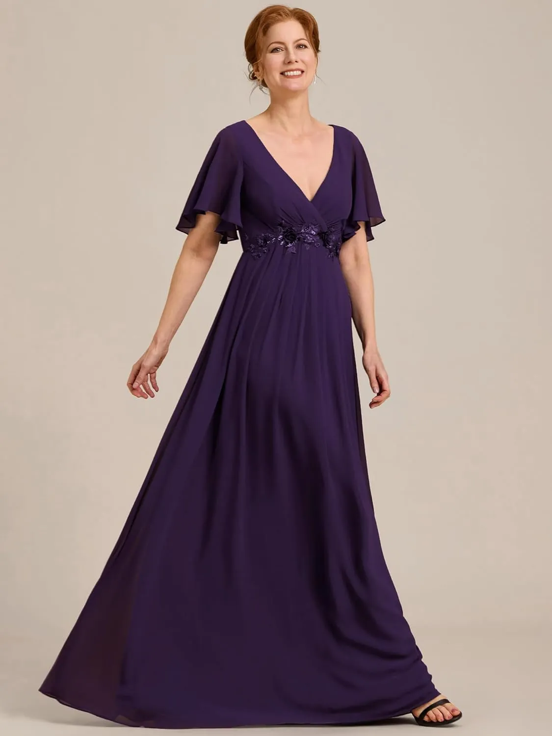 Ever-Pretty Women's V Neck Appliques Pleated Chiffon A Line Floor Length Mother of The Bride Dresses