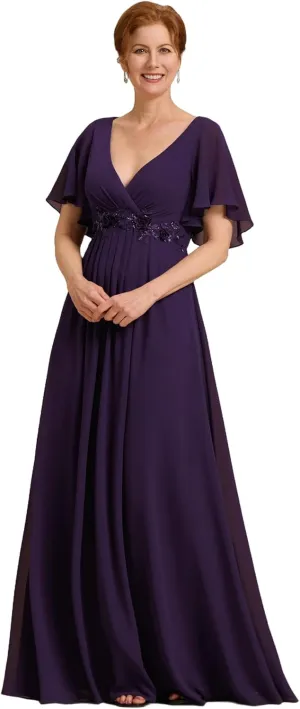Ever-Pretty Women's V Neck Appliques Pleated Chiffon A Line Floor Length Mother of The Bride Dresses