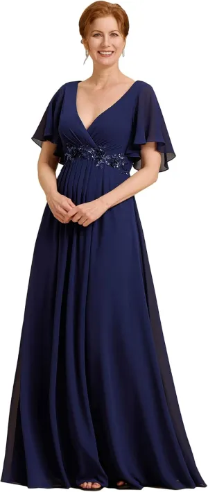 Ever-Pretty Women's V Neck Appliques Pleated Chiffon A Line Floor Length Mother of The Bride Dresses