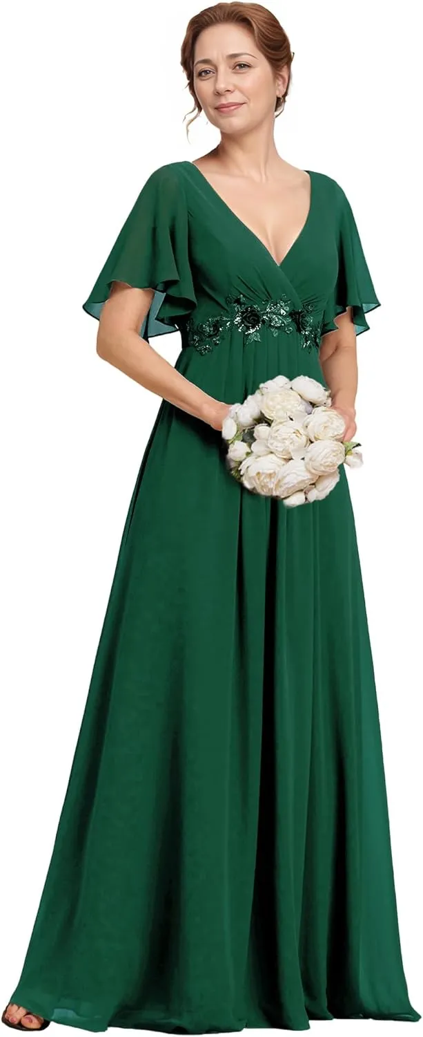 Ever-Pretty Women's V Neck Appliques Pleated Chiffon A Line Floor Length Mother of The Bride Dresses
