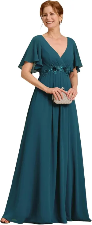 Ever-Pretty Women's V Neck Appliques Pleated Chiffon A Line Floor Length Mother of The Bride Dresses