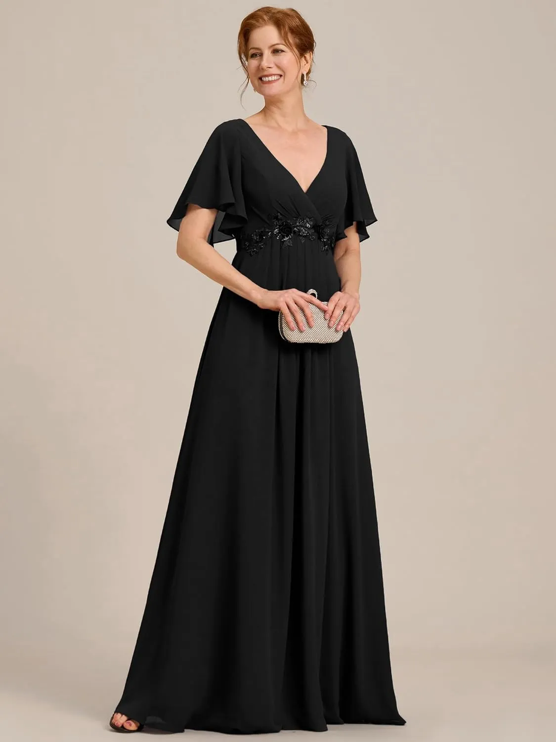 Ever-Pretty Women's V Neck Appliques Pleated Chiffon A Line Floor Length Mother of The Bride Dresses