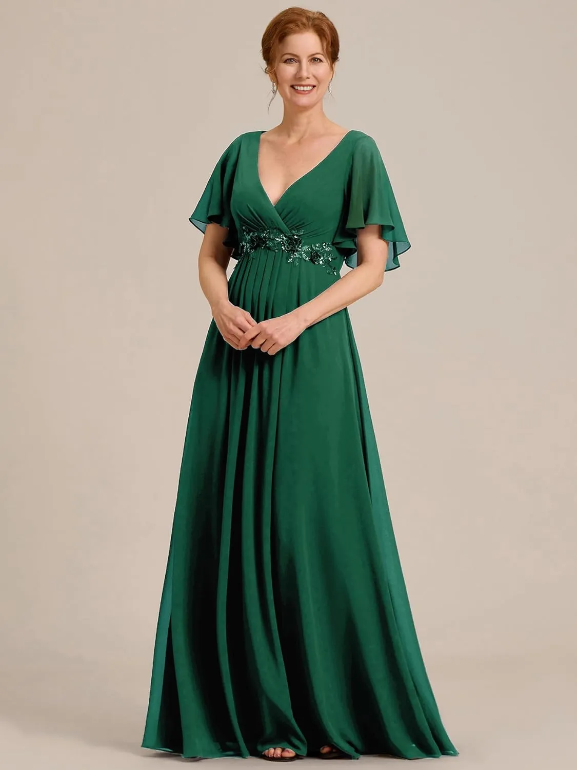 Ever-Pretty Women's V Neck Appliques Pleated Chiffon A Line Floor Length Mother of The Bride Dresses