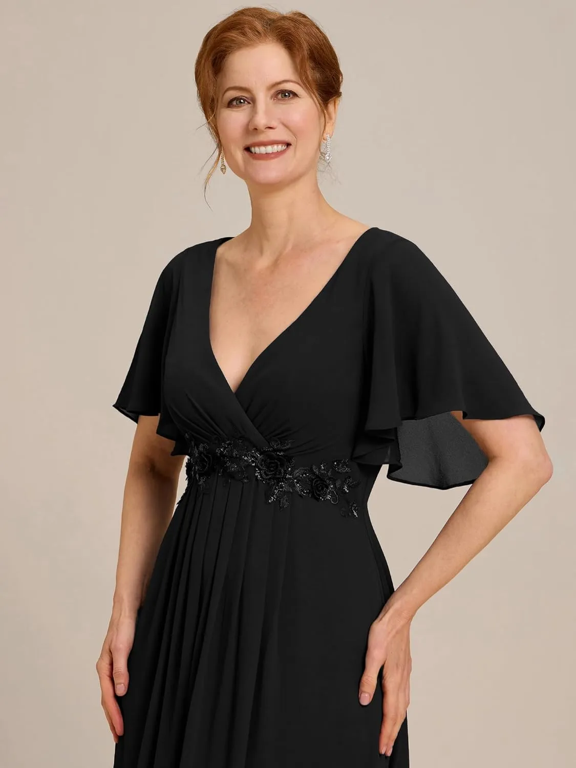 Ever-Pretty Women's V Neck Appliques Pleated Chiffon A Line Floor Length Mother of The Bride Dresses