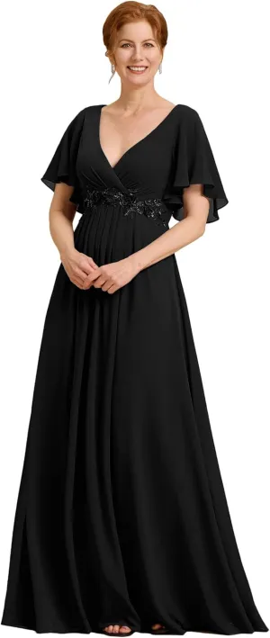Ever-Pretty Women's V Neck Appliques Pleated Chiffon A Line Floor Length Mother of The Bride Dresses