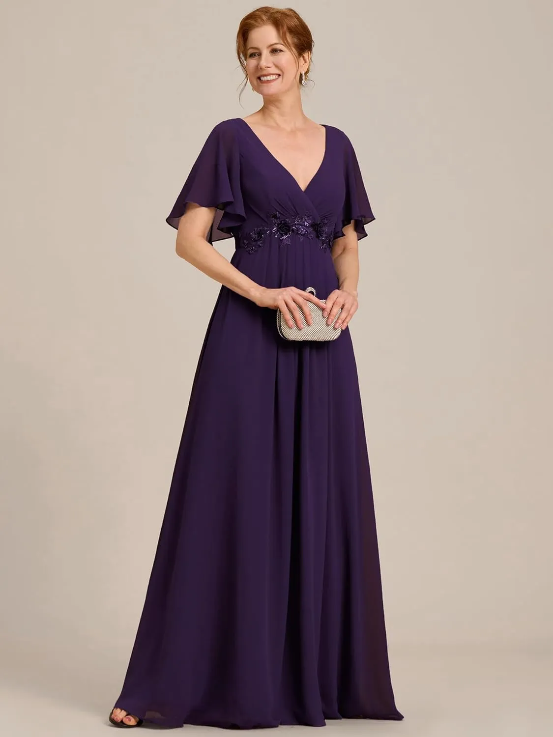 Ever-Pretty Women's V Neck Appliques Pleated Chiffon A Line Floor Length Mother of The Bride Dresses