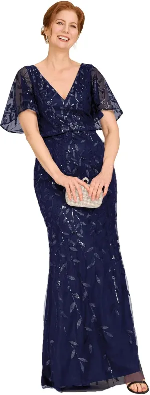 Ever-Pretty Women's V-Neck Short Sleeve Mermaid Sequin Embroidery Floor-Length Mother of The Bride Dresses