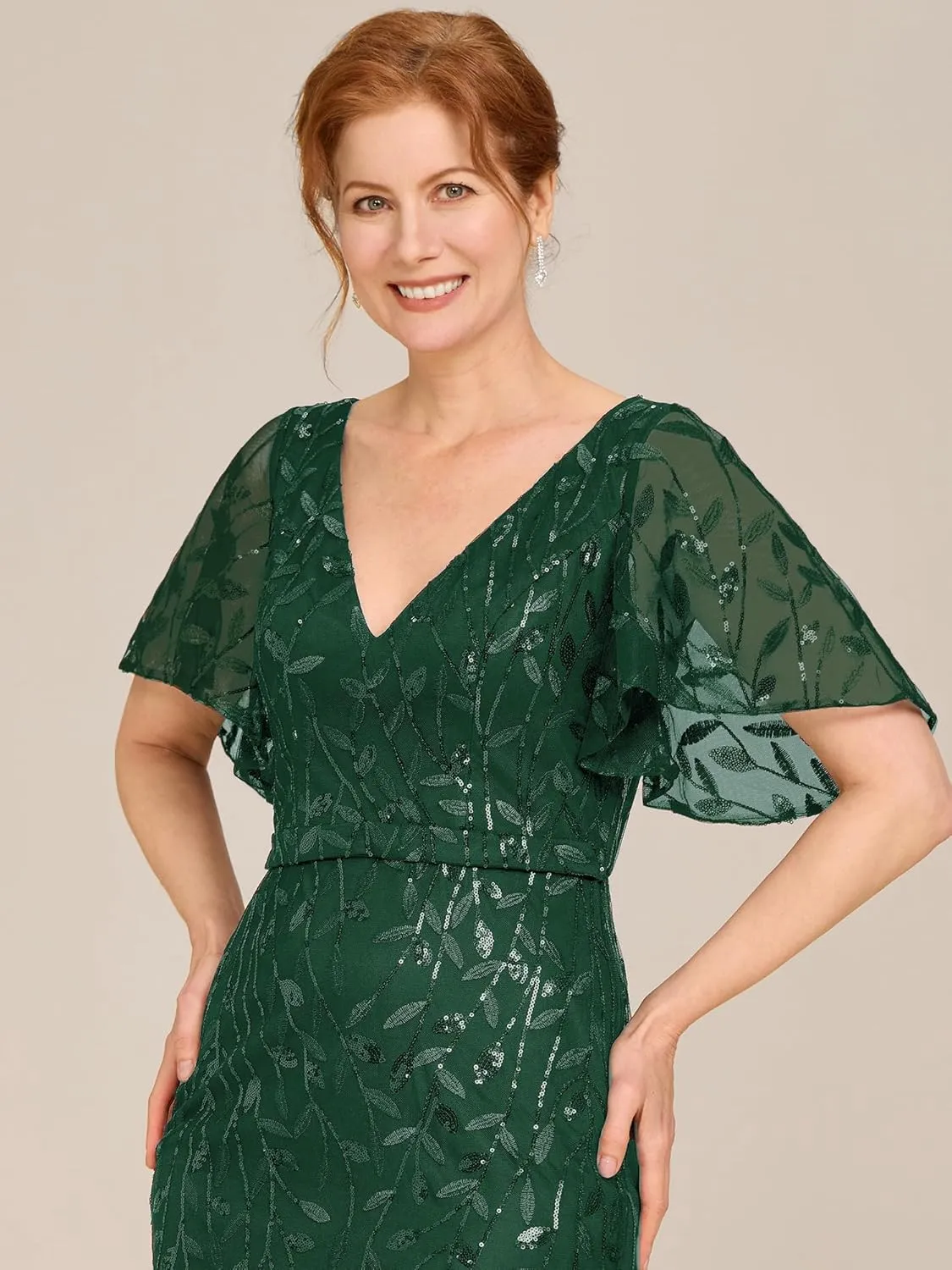 Ever-Pretty Women's V-Neck Short Sleeve Mermaid Sequin Embroidery Floor-Length Mother of The Bride Dresses