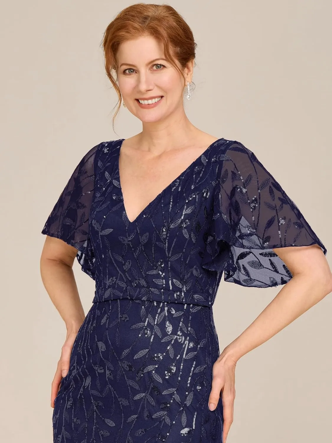 Ever-Pretty Women's V-Neck Short Sleeve Mermaid Sequin Embroidery Floor-Length Mother of The Bride Dresses