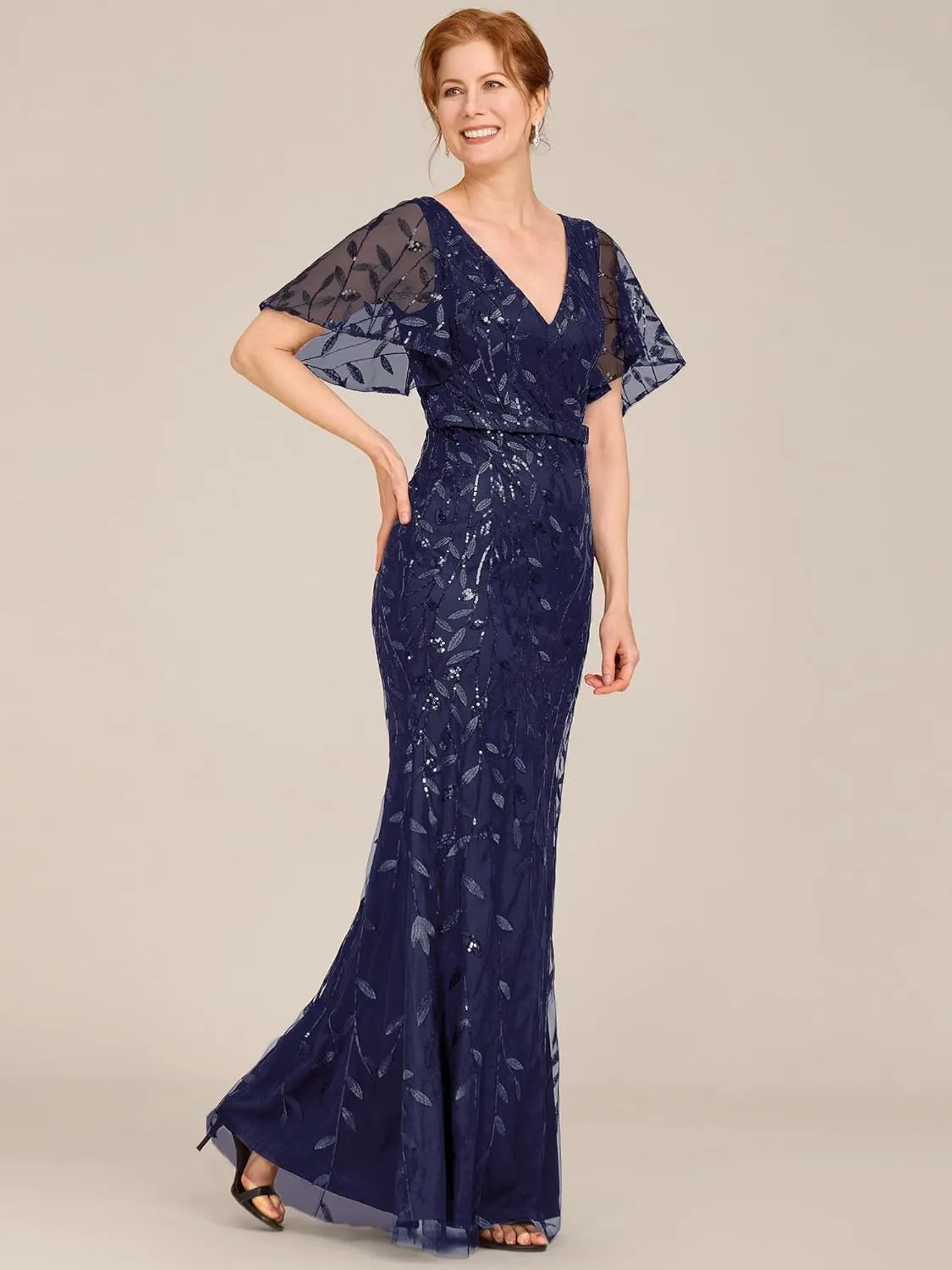 Ever-Pretty Women's V-Neck Short Sleeve Mermaid Sequin Embroidery Floor-Length Mother of The Bride Dresses