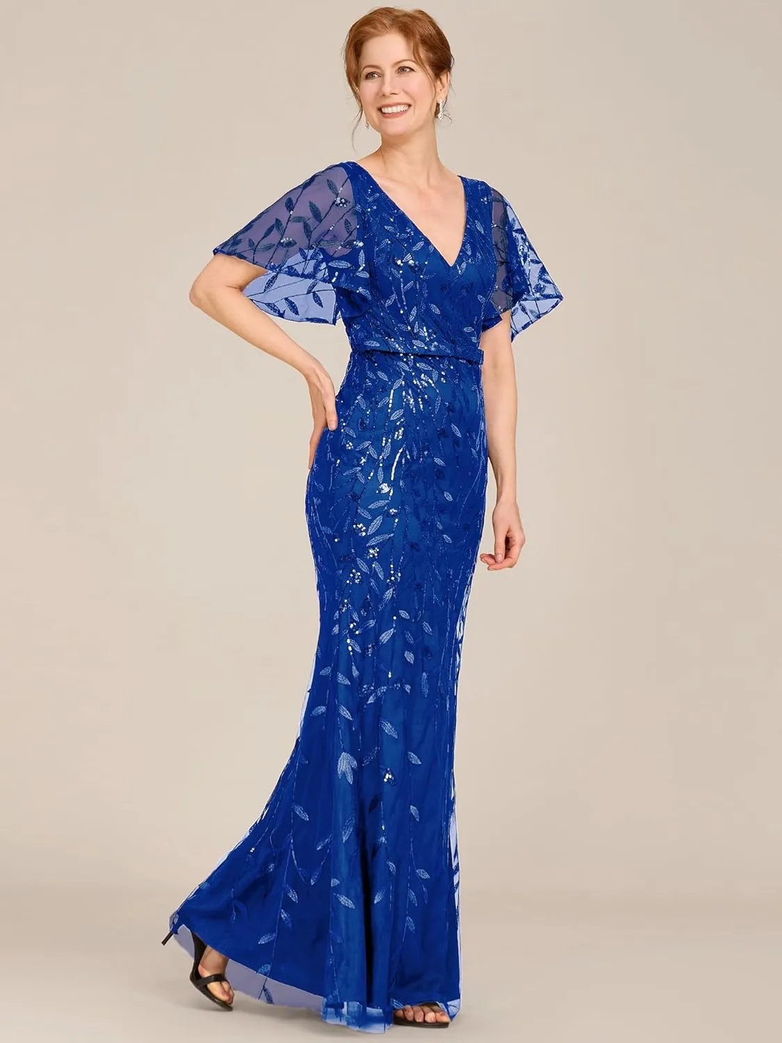 Ever-Pretty Women's V-Neck Short Sleeve Mermaid Sequin Embroidery Floor-Length Mother of The Bride Dresses