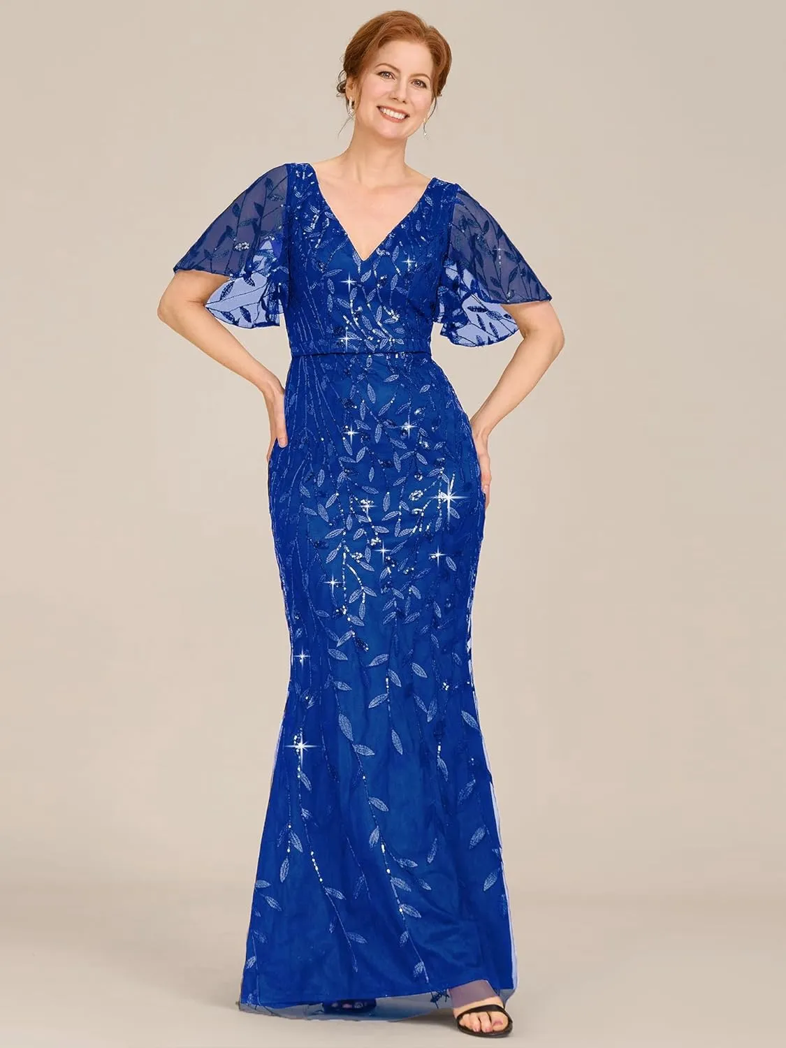 Ever-Pretty Women's V-Neck Short Sleeve Mermaid Sequin Embroidery Floor-Length Mother of The Bride Dresses