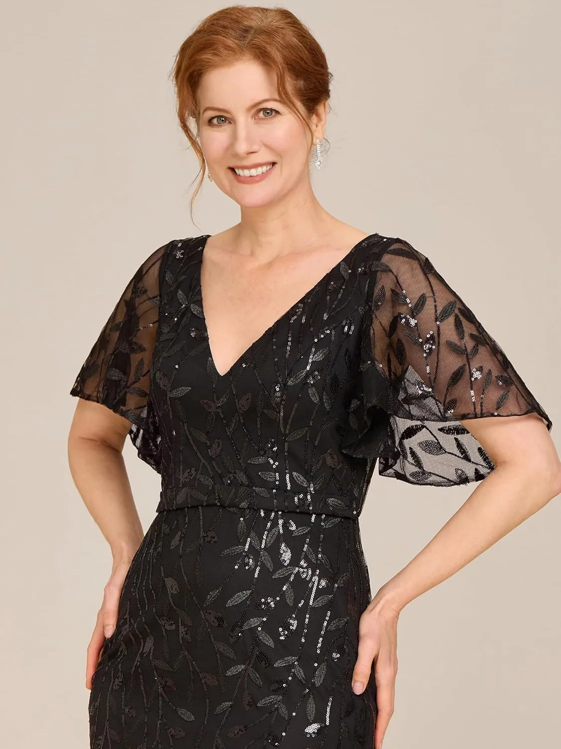 Ever-Pretty Women's V-Neck Short Sleeve Mermaid Sequin Embroidery Floor-Length Mother of The Bride Dresses