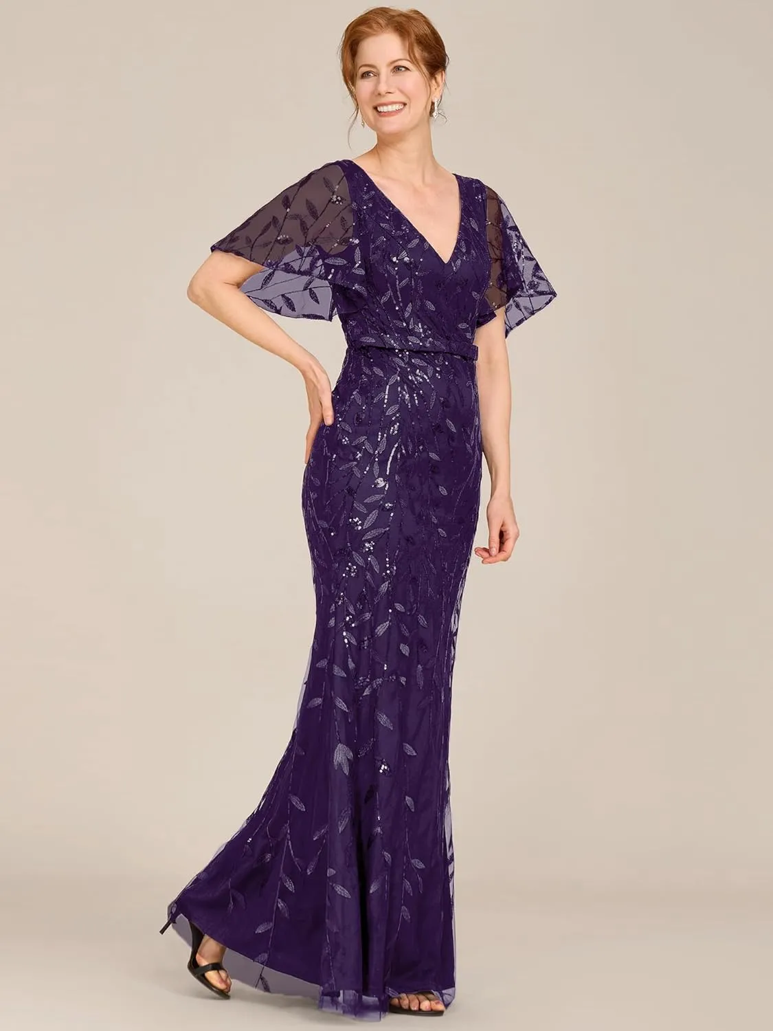 Ever-Pretty Women's V-Neck Short Sleeve Mermaid Sequin Embroidery Floor-Length Mother of The Bride Dresses
