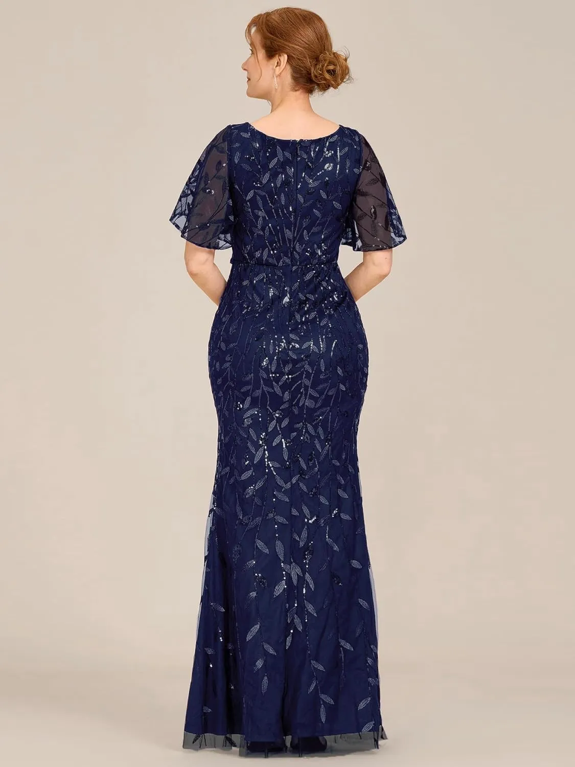Ever-Pretty Women's V-Neck Short Sleeve Mermaid Sequin Embroidery Floor-Length Mother of The Bride Dresses
