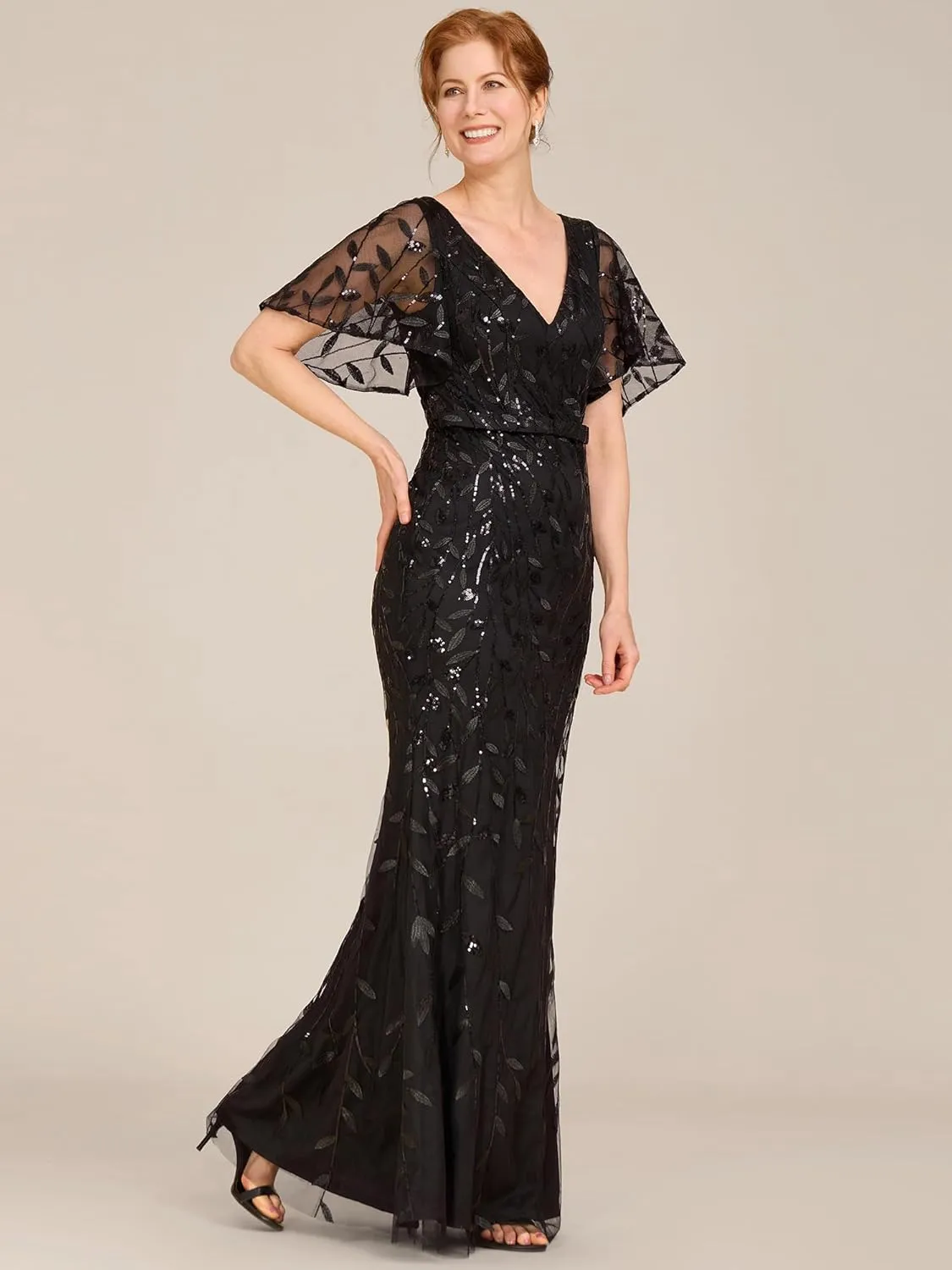 Ever-Pretty Women's V-Neck Short Sleeve Mermaid Sequin Embroidery Floor-Length Mother of The Bride Dresses