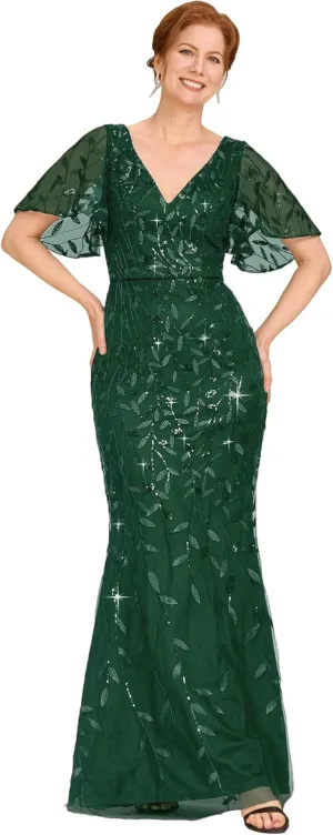 Ever-Pretty Women's V-Neck Short Sleeve Mermaid Sequin Embroidery Floor-Length Mother of The Bride Dresses