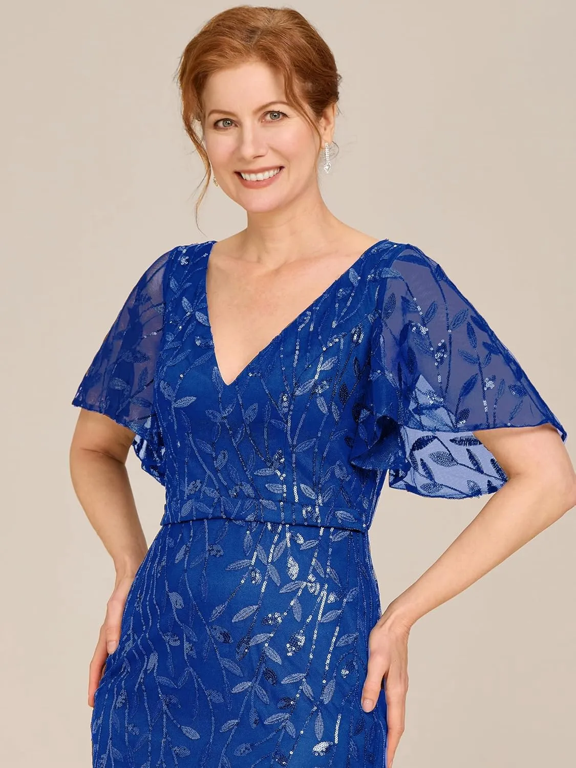 Ever-Pretty Women's V-Neck Short Sleeve Mermaid Sequin Embroidery Floor-Length Mother of The Bride Dresses