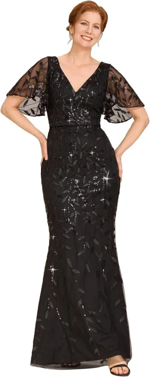 Ever-Pretty Women's V-Neck Short Sleeve Mermaid Sequin Embroidery Floor-Length Mother of The Bride Dresses