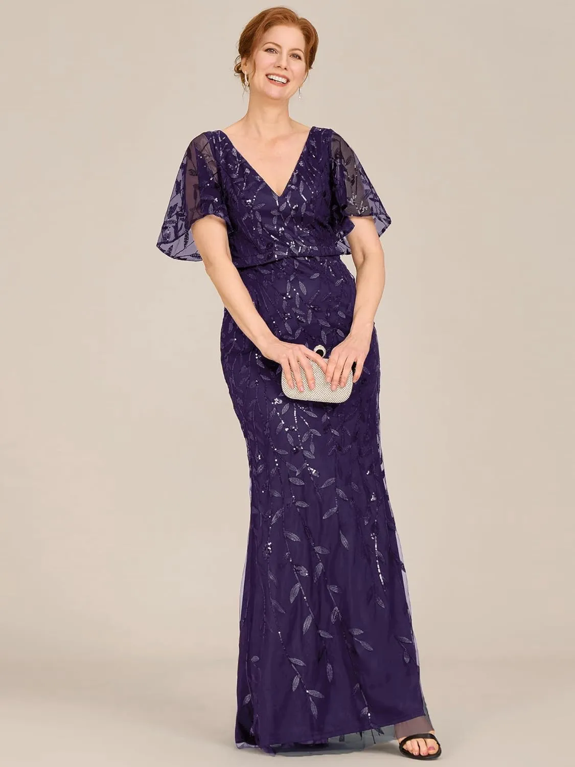 Ever-Pretty Women's V-Neck Short Sleeve Mermaid Sequin Embroidery Floor-Length Mother of The Bride Dresses