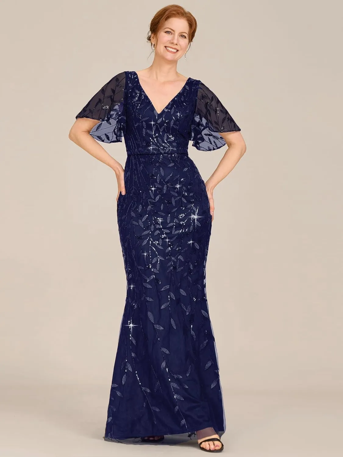 Ever-Pretty Women's V-Neck Short Sleeve Mermaid Sequin Embroidery Floor-Length Mother of The Bride Dresses