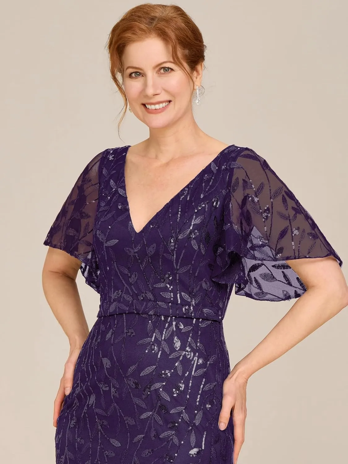 Ever-Pretty Women's V-Neck Short Sleeve Mermaid Sequin Embroidery Floor-Length Mother of The Bride Dresses