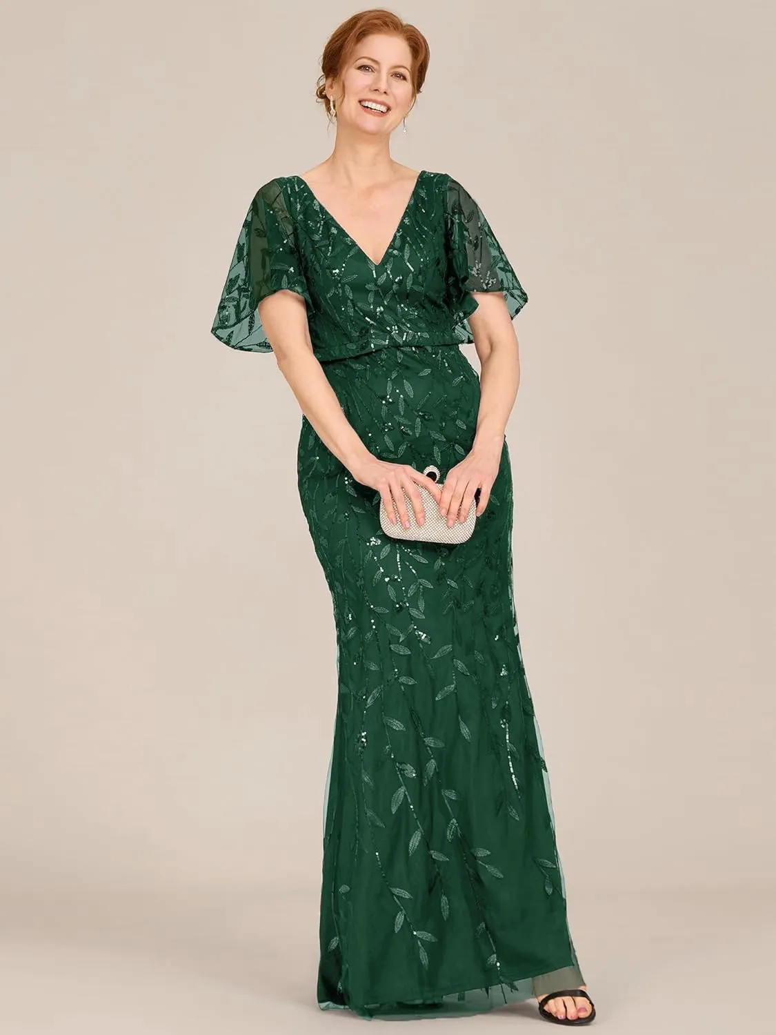 Ever-Pretty Women's V-Neck Short Sleeve Mermaid Sequin Embroidery Floor-Length Mother of The Bride Dresses