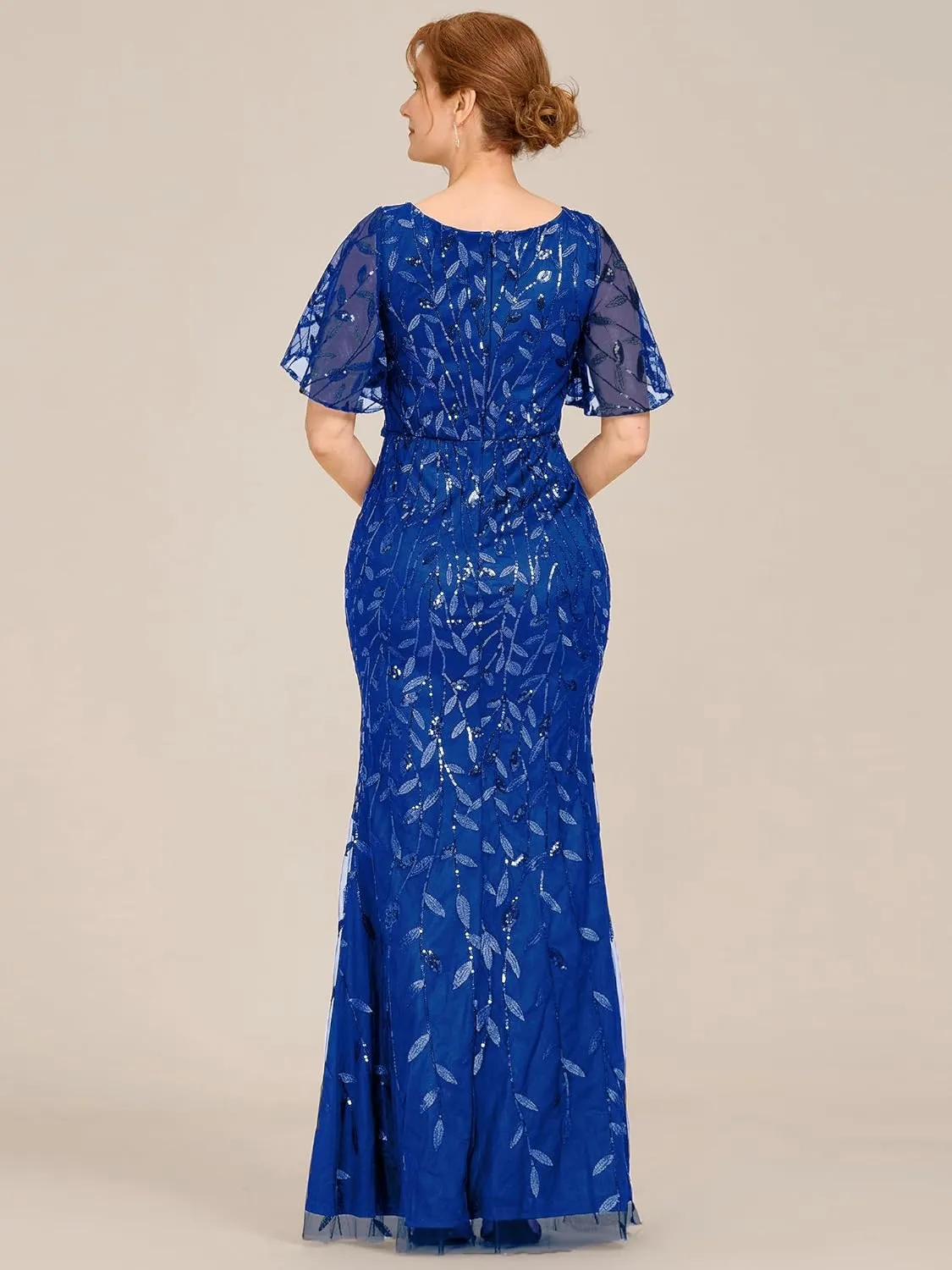 Ever-Pretty Women's V-Neck Short Sleeve Mermaid Sequin Embroidery Floor-Length Mother of The Bride Dresses