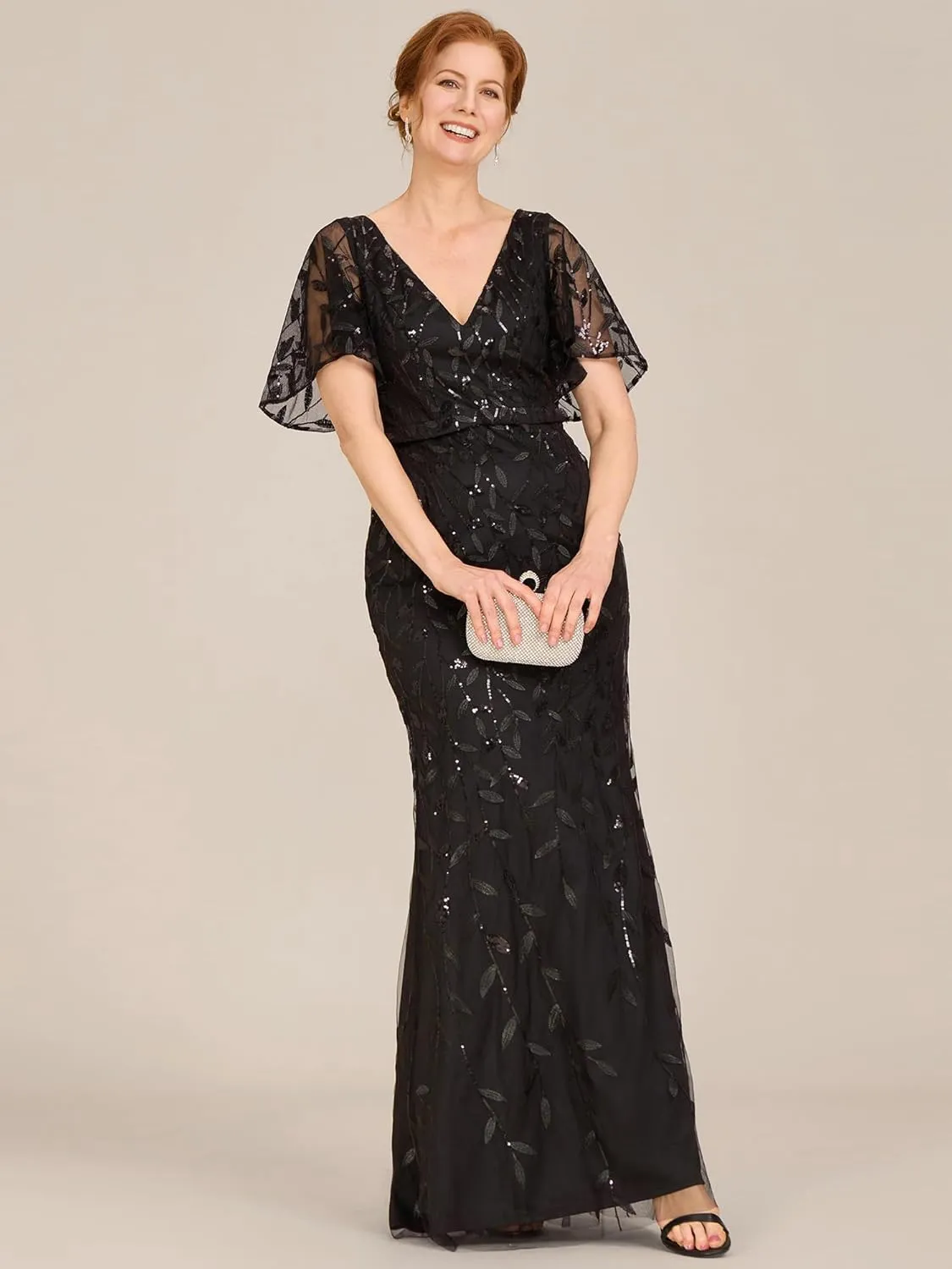 Ever-Pretty Women's V-Neck Short Sleeve Mermaid Sequin Embroidery Floor-Length Mother of The Bride Dresses