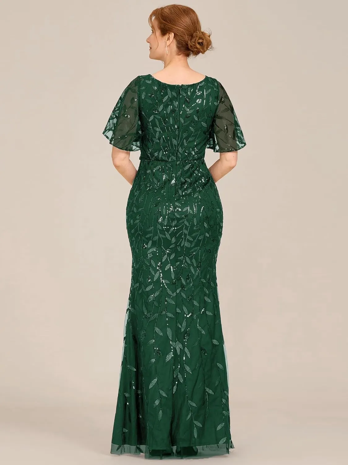 Ever-Pretty Women's V-Neck Short Sleeve Mermaid Sequin Embroidery Floor-Length Mother of The Bride Dresses