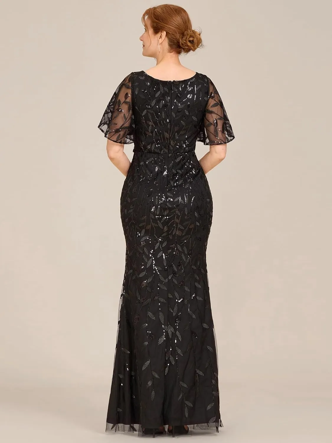 Ever-Pretty Women's V-Neck Short Sleeve Mermaid Sequin Embroidery Floor-Length Mother of The Bride Dresses