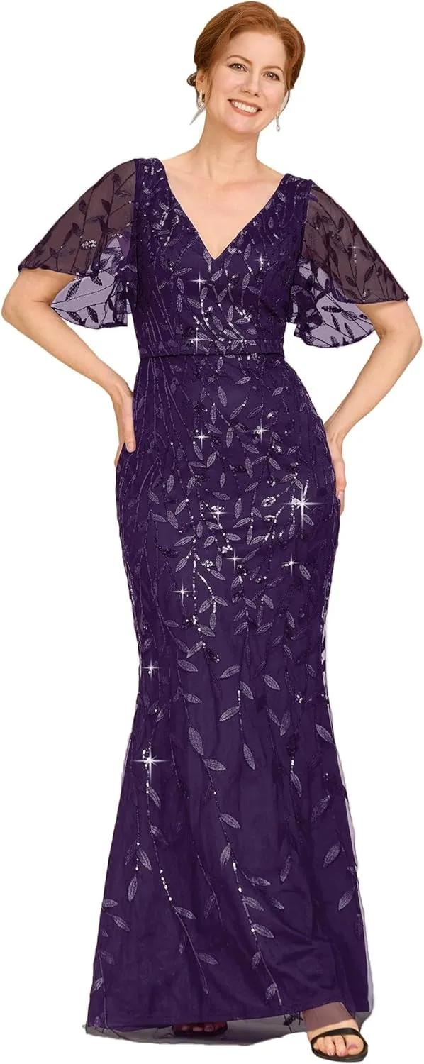Ever-Pretty Women's V-Neck Short Sleeve Mermaid Sequin Embroidery Floor-Length Mother of The Bride Dresses