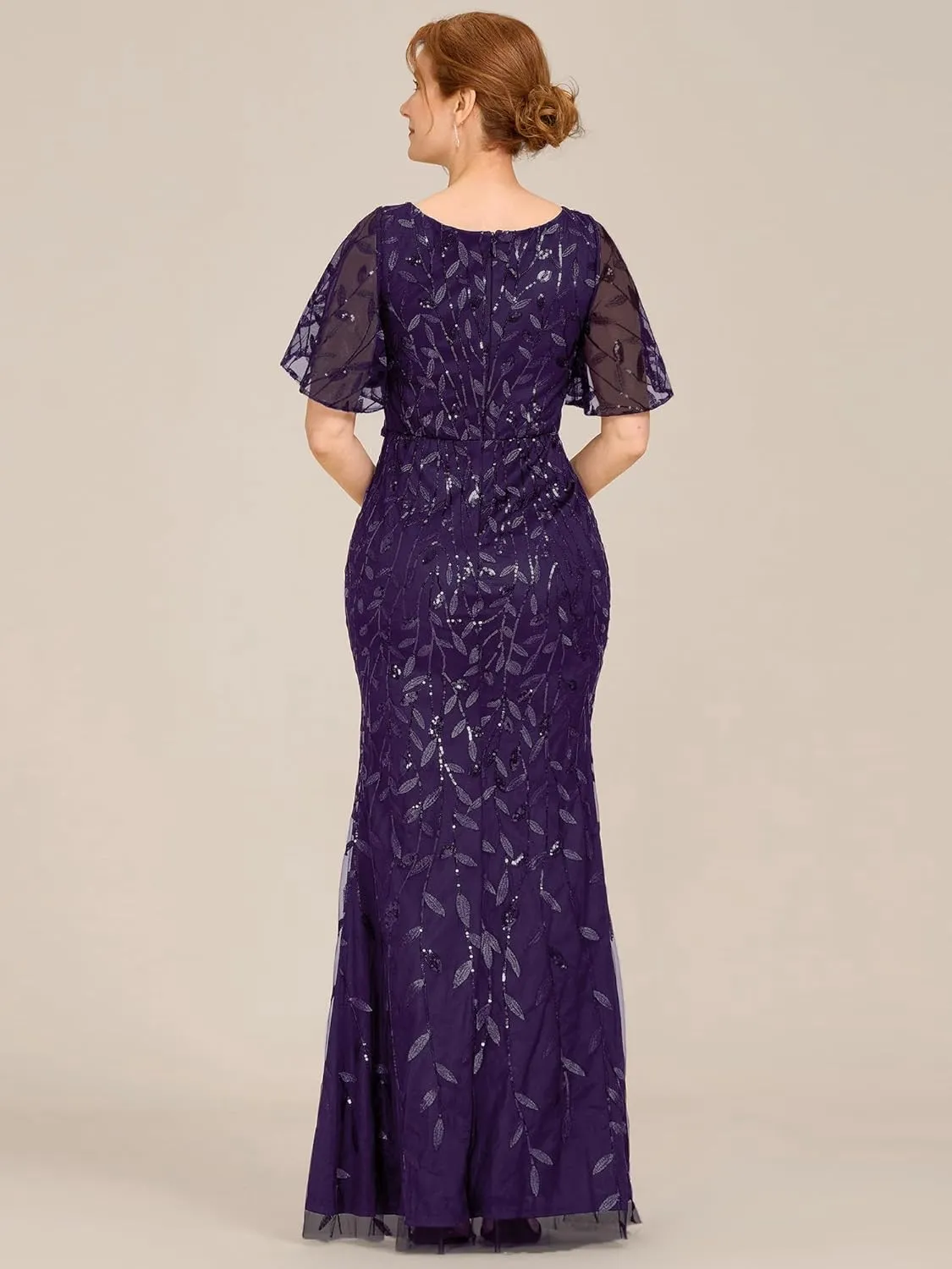 Ever-Pretty Women's V-Neck Short Sleeve Mermaid Sequin Embroidery Floor-Length Mother of The Bride Dresses