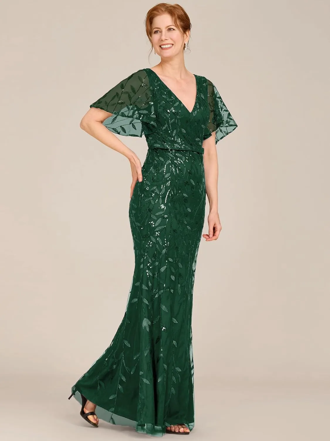 Ever-Pretty Women's V-Neck Short Sleeve Mermaid Sequin Embroidery Floor-Length Mother of The Bride Dresses