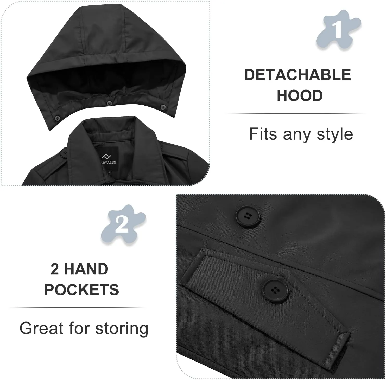 FARVALUE Women's Waterproof Trench Coat Double Breasted Windbreaker Classic Belted Lapel Overcoat with Removable Hood