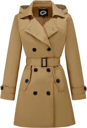 FARVALUE Women's Waterproof Trench Coat Double Breasted Windbreaker Classic Belted Lapel Overcoat with Removable Hood