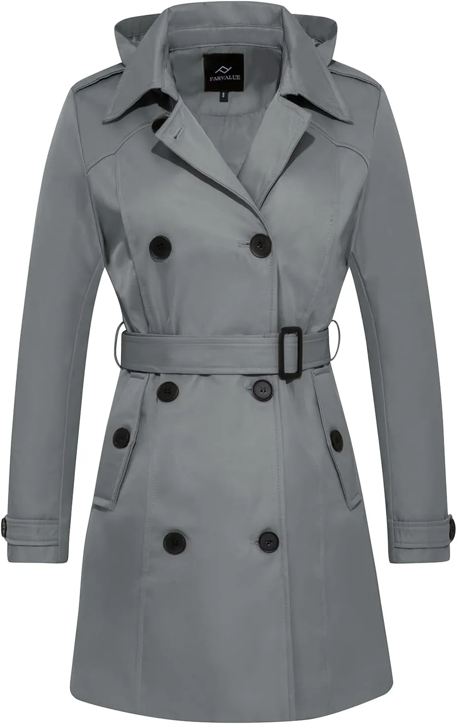 FARVALUE Women's Waterproof Trench Coat Double Breasted Windbreaker Classic Belted Lapel Overcoat with Removable Hood