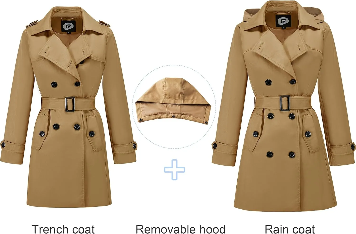 FARVALUE Women's Waterproof Trench Coat Double Breasted Windbreaker Classic Belted Lapel Overcoat with Removable Hood