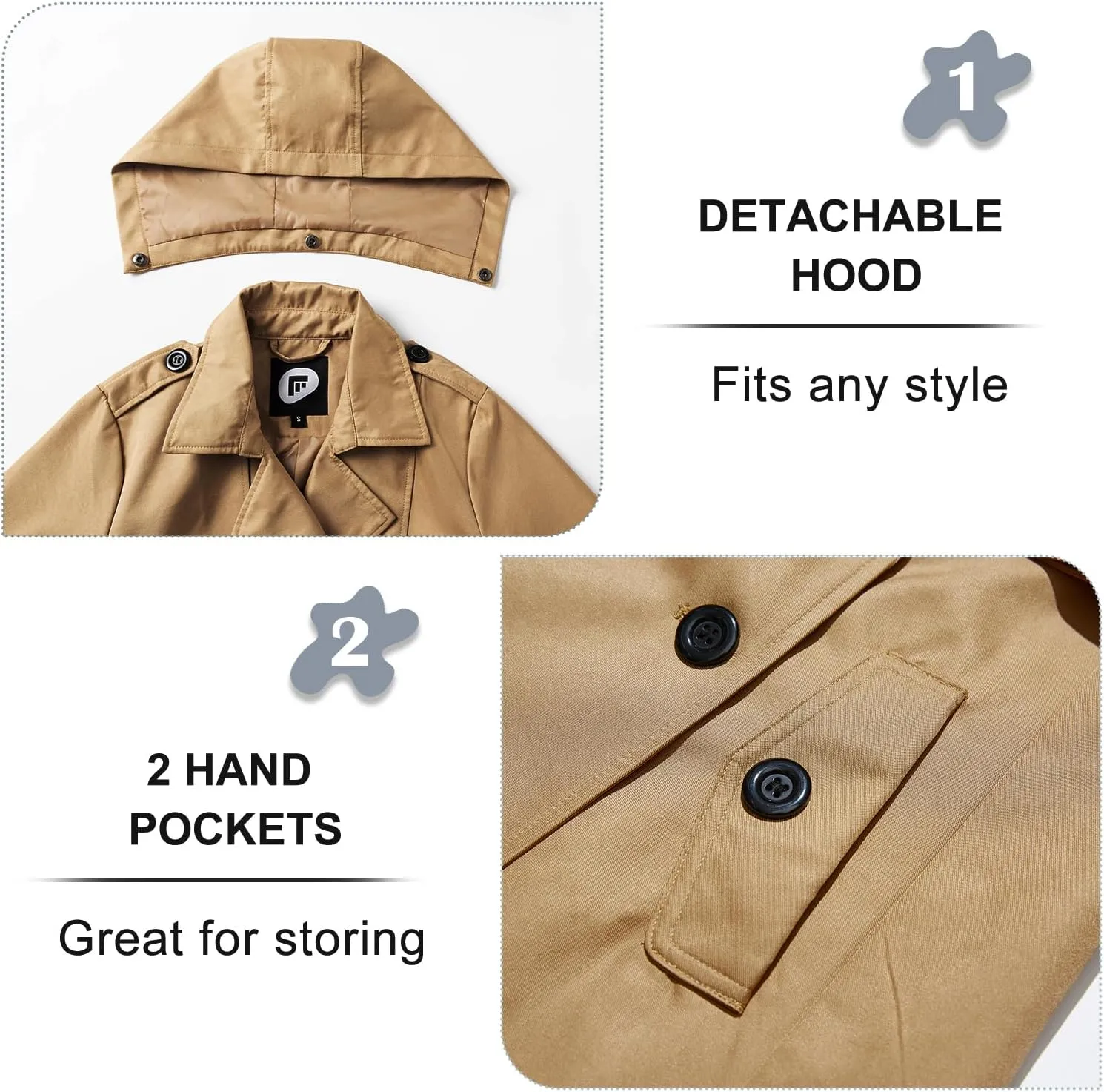 FARVALUE Women's Waterproof Trench Coat Double Breasted Windbreaker Classic Belted Lapel Overcoat with Removable Hood