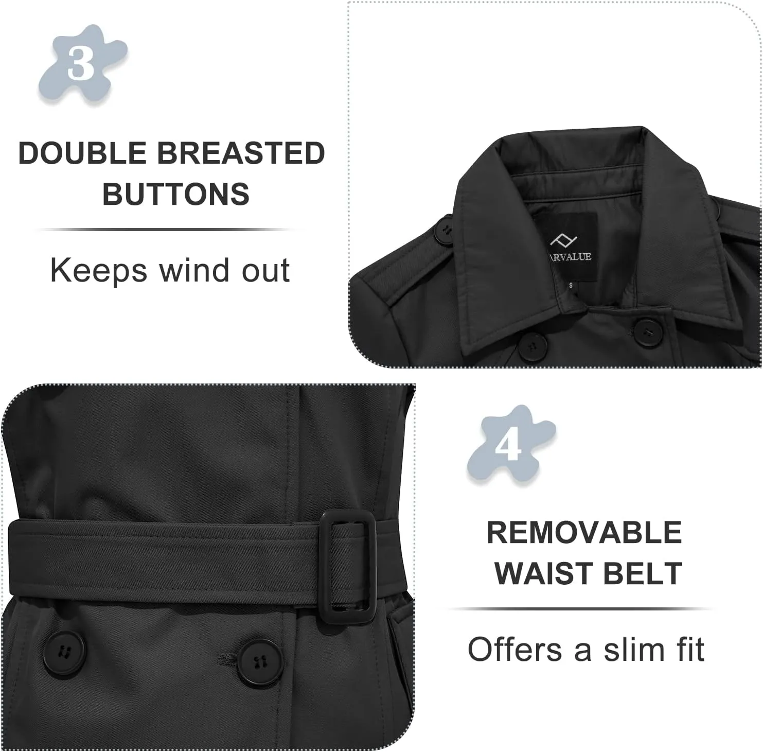 FARVALUE Women's Waterproof Trench Coat Double Breasted Windbreaker Classic Belted Lapel Overcoat with Removable Hood