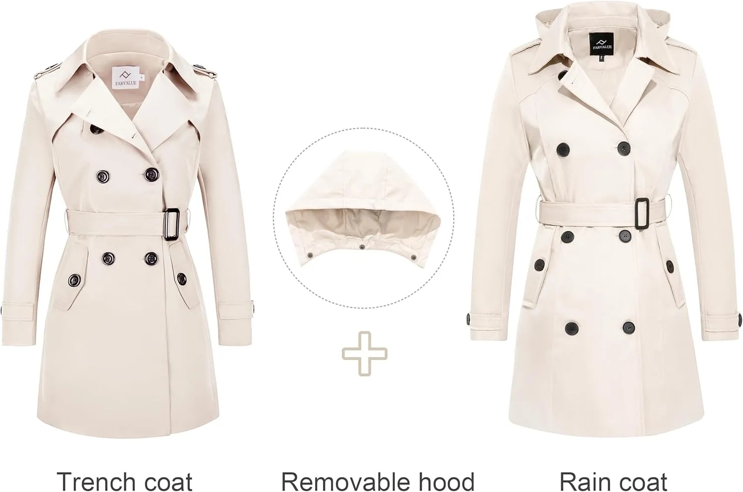 FARVALUE Women's Waterproof Trench Coat Double Breasted Windbreaker Classic Belted Lapel Overcoat with Removable Hood