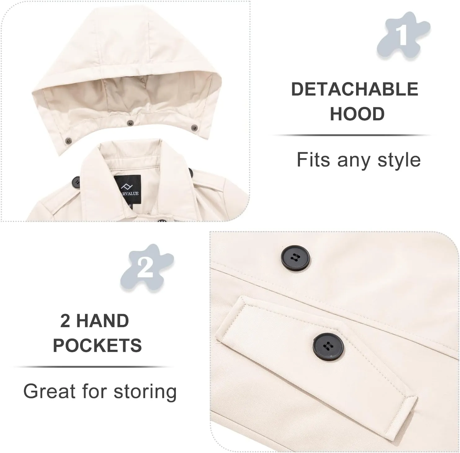 FARVALUE Women's Waterproof Trench Coat Double Breasted Windbreaker Classic Belted Lapel Overcoat with Removable Hood